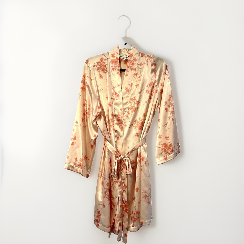 Morgan Taylor Satin Kimono Robe Large Cherry Blossom Belt Wrap Silky Pink Y2K